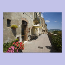 Italy, Tuscany, Pienza. Outer walkway around posters