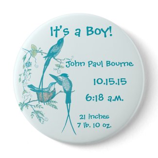 It's A boy! Aqua Vintage Bird Mom Dad Baby Button button