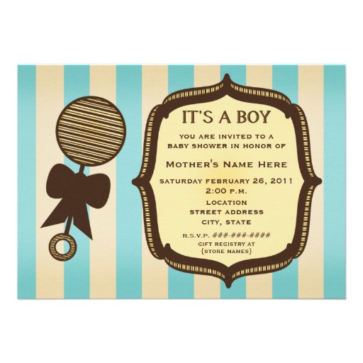 It's A Boy Baby Shower Vintage Rattle Blue Stripes Custom Invite