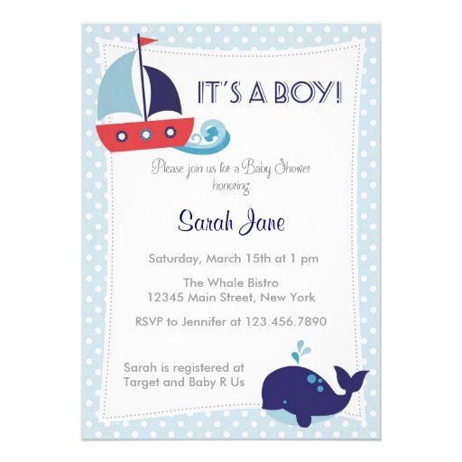 It's A Boy Nautical Sailboat Baby Shower Invite (front side)