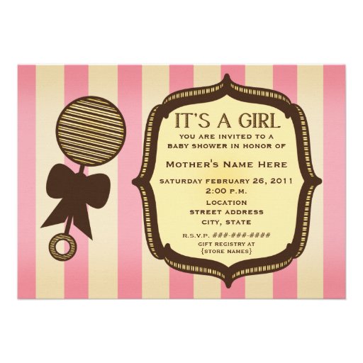 It's A Girl Baby Shower Vintage Rattle Pink Stripe Personalized Invites