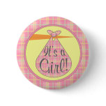 It's a Girl Button - Pink Plaid Stork