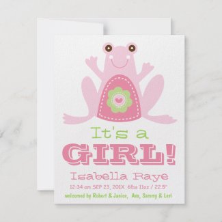 It&#39;s a GIRL Cute Pink Green Frog New Baby Custom Announcements