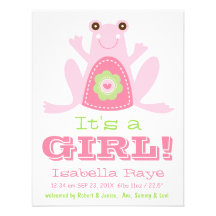 It's a GIRL Cute Pink Green Frog New Baby Custom Announcements