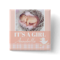 "It's a girl" newborn photo and name peach badge Pin