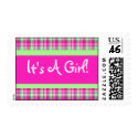 It's A Girl! Pink and Green Plaid Postage Stamp by princesspreppy It's A Girl! Pink and Green Plaid Postage Stamp