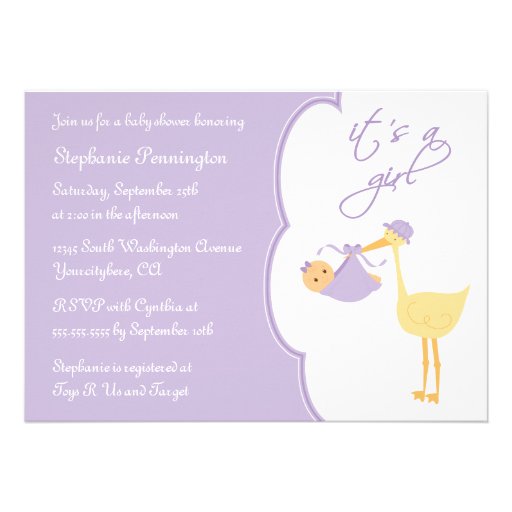 this 5x7 baby shower invitation has a cute yellow stork holding a baby ...