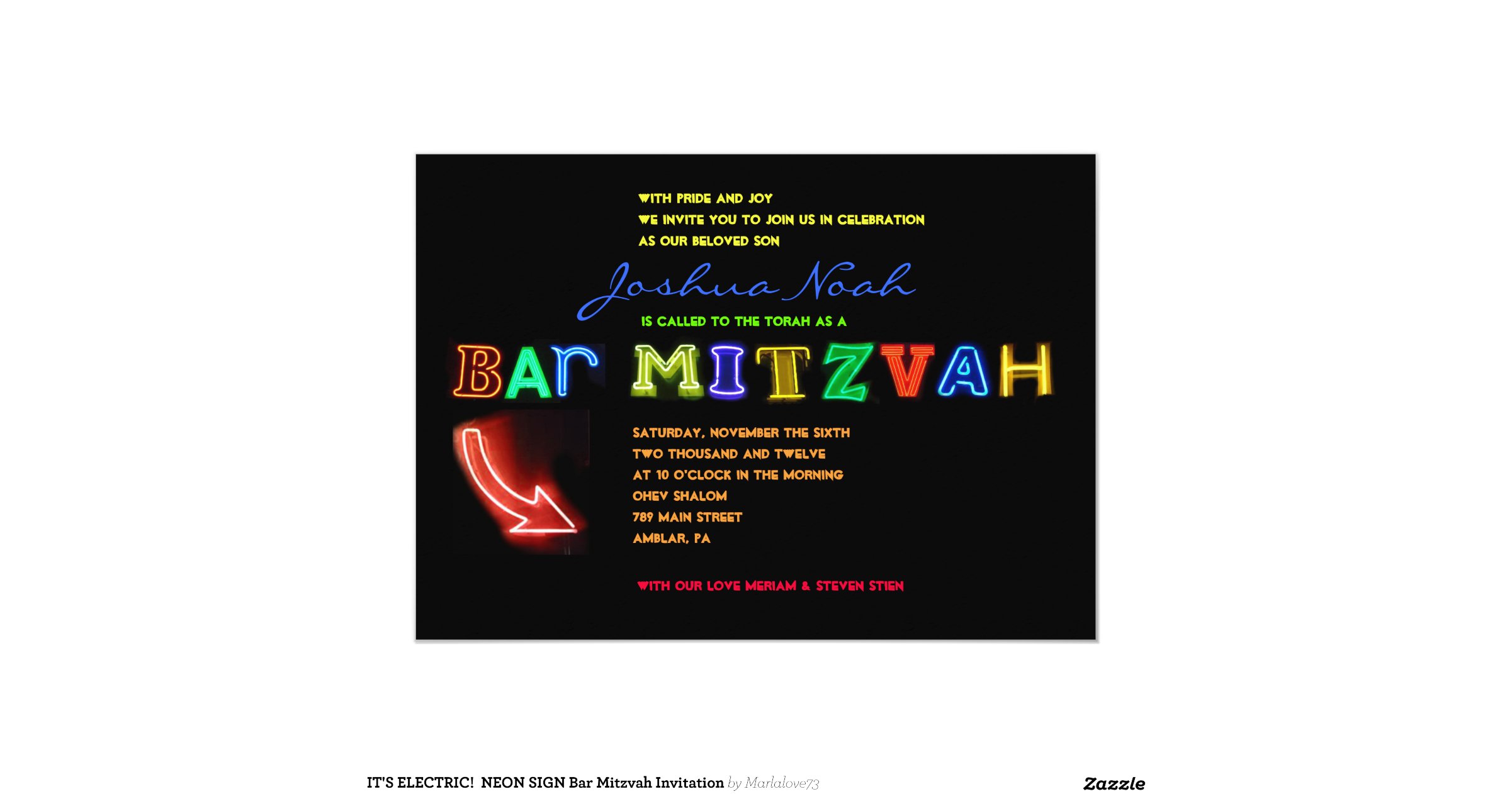 IT'S ELECTRIC! NEON SIGN Bar Mitzvah Invitation 5" X 7" Invitation Card
