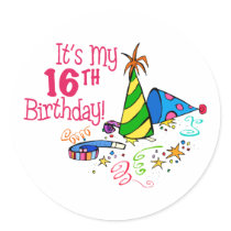 It's My 16th Birthday (Party Hats) Round Sticker