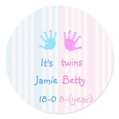 It's twins - handprints round sticker Zazzle_sticker It's twins - handprints round sticker Zazzle_sticker