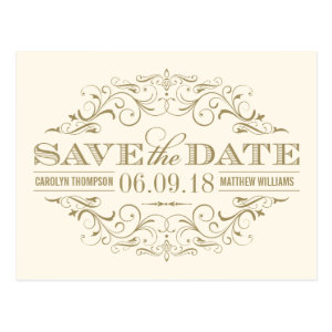 Ivory and Gold Save the Date | Swirl and Flourish Postcard