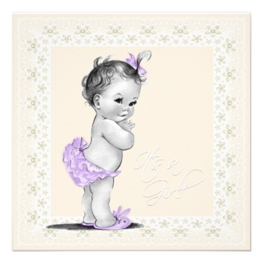Ivory and Lavender Vintage Baby Girl Shower Personalized Invite (front side)