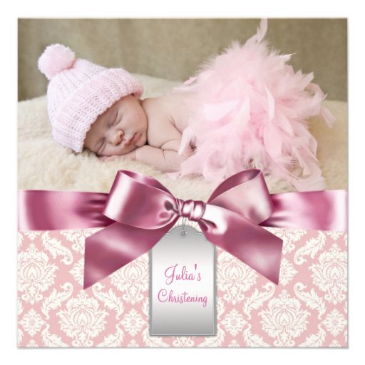 Ivory and Pink Damask Baby Girl Photo Christening Custom Invitations