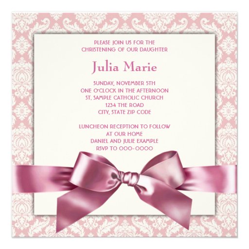 Ivory and Pink Damask Baby Girl Photo Christening Custom Invitations