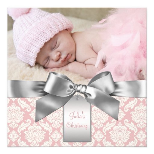 Ivory and Pink Damask Baby Girl Photo Christening Custom Invitations