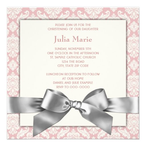 Ivory and Pink Damask Baby Girl Photo Christening Custom Invitations