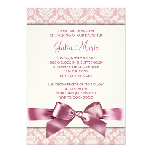 Ivory and Pink Damask Baby Girl Photo Christening Personalized Announcement