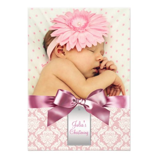 Ivory and Pink Damask Baby Girl Photo Christening Personalized Announcement (front side)
