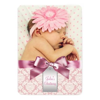Ivory and Pink Damask Baby Girl Photo Christening 5x7 Paper Invitation Card