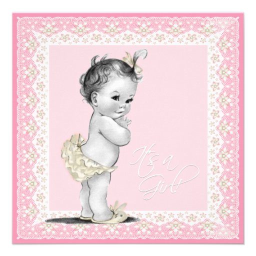 Ivory and Pink Vintage Baby Girl Shower Personalized Announcement