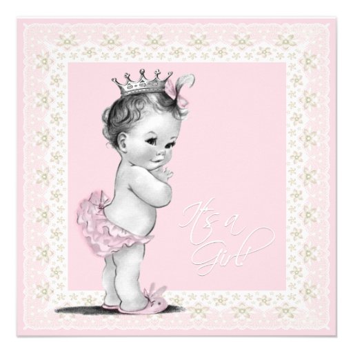 Ivory and Pink Vintage Baby Girl Shower Personalized Announcement