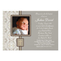 Ivory Beige Boy Photo Christening Invitations invitations