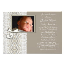 Ivory Beige Boy Photo Christening Invitations invitations