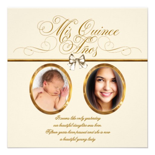 Ivory Beige Gold Photo Quinceanera Invitations (front side)
