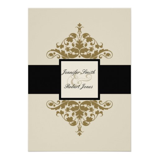 Ivory Black and Gold Damask Wedding Invitation