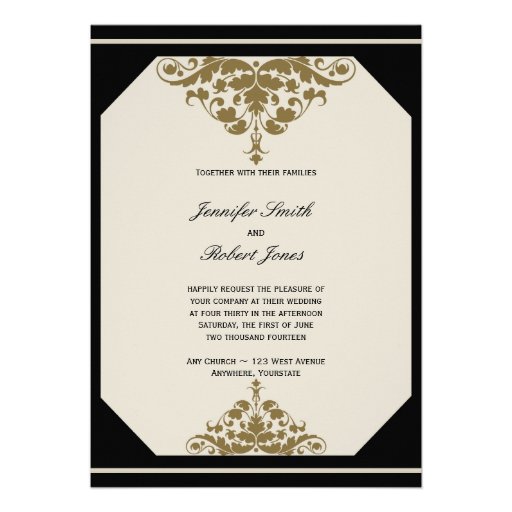 Ivory Black and Gold Damask Wedding Invitation