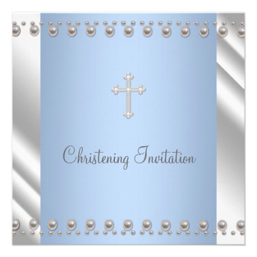 Ivory Blue Pearl Cross Boy Christening Announcements