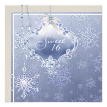 Ivory Blue White Snowflake Sweet Sixteen Birthday Invitation