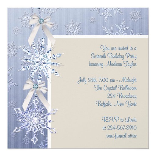 Ivory Blue White Snowflake Sweet Sixteen Birthday Invitation