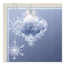Ivory Blue White Snowflake Sweet Sixteen Birthday Announcements