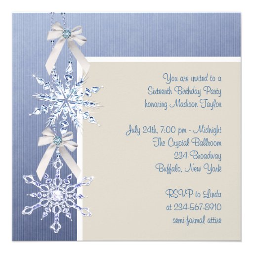 Ivory Blue White Snowflake Sweet Sixteen Birthday Announcements