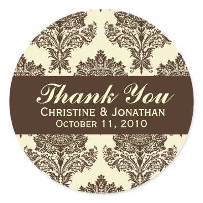 Ivory &amp; Chocolate Damask Round Wedding Labels Round Stickers