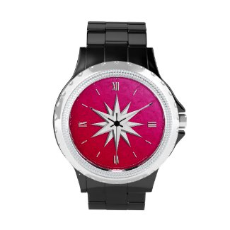 Ivory compass rose - ruby glass background wrist watch