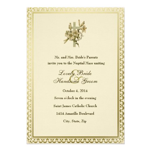 Ivory Cross Lilies Catholic Wedding Invitation