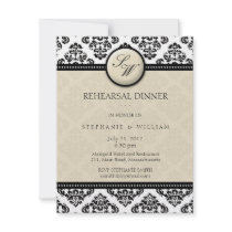 Ivory Damask Monogram Rehearsal Dinner Card Announcements