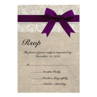 Ivory Lace and Burlap Look Plum RSVP Card