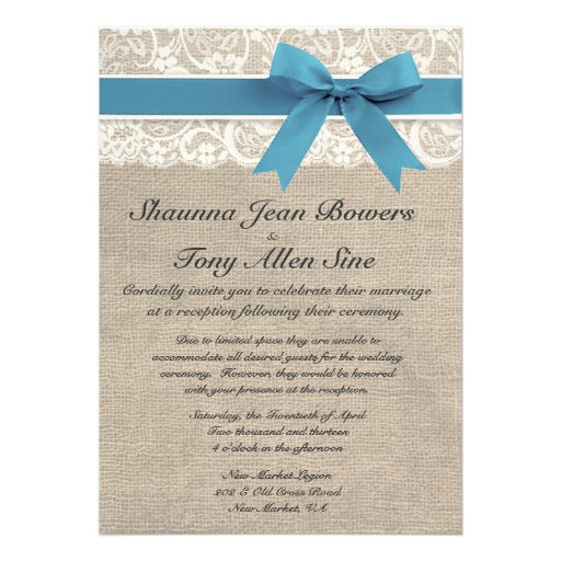 Ivory Lace Aqua Blue Burlap Wedding Reception Invitations