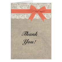 Ivory Lace Burlap and Coral Thank You Card