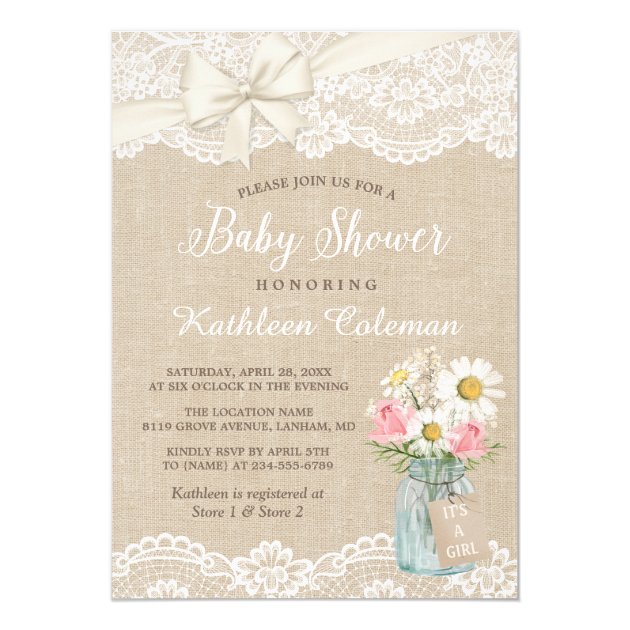 Ivory Lace Burlap Floral Mason Jar Baby Shower Card (front side)