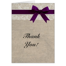 Ivory Lace Burlap Look Plum Thank You Card
