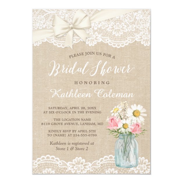 Ivory Lace Burlap Mason Jar Floral Bridal Shower Card