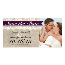 Ivory Lace & Burlap Vintage Save the Date - Plum Photo Greeting Card