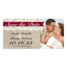 Ivory Lace & Burlap Vintage Save the Date - Red Photo Greeting Card