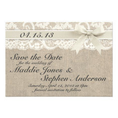 Ivory Lace & Burlap Wedding Save the Date Personalized Invite