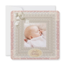 Ivory Lace Pink Pearl Girls Pink Photo Christening Custom Announcements