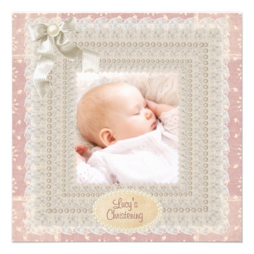 Ivory Lace Pink Pearl Girls Pink Photo Christening Custom Announcements